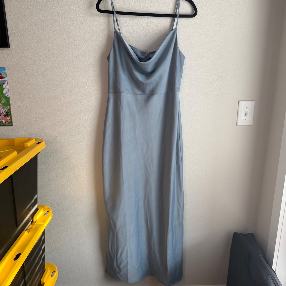 BHLDN Cali‎ Satin Midi Dress Ice Blue NWT Womens Size 14 Anthropologie Wedding